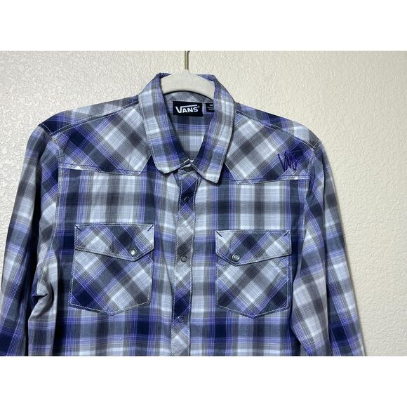 VANS Purple White Checkered Button Down Pearl Snap Western Shirt M Skater - Picture 5 of 11